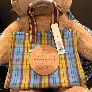 Authentic Brand New Tory Burch Ella mesh small color_yellow/ blue/Mercado plaid
